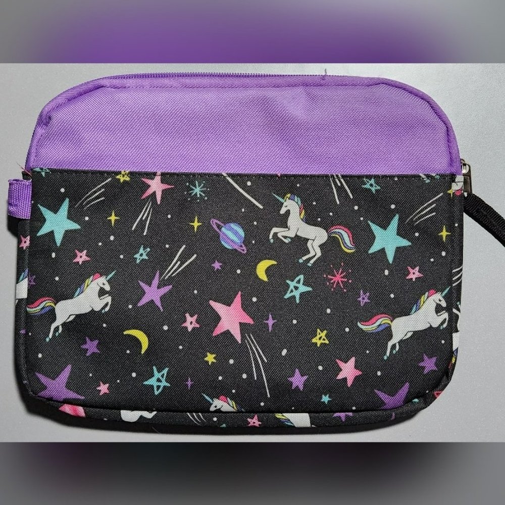 Tablet sleeve with unicorn print and purple trim